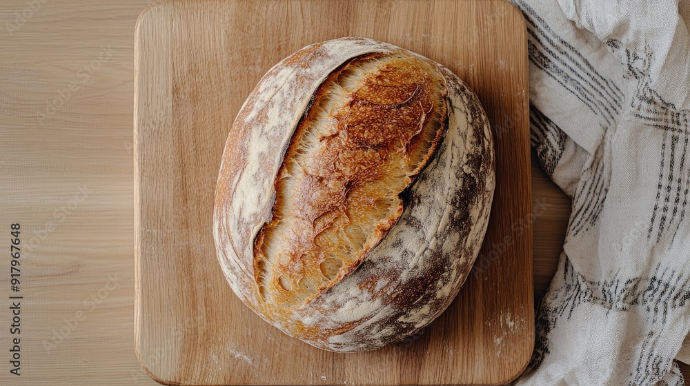 Top view of a rustic loaf of sourdough bread on a wooden cutting board. -