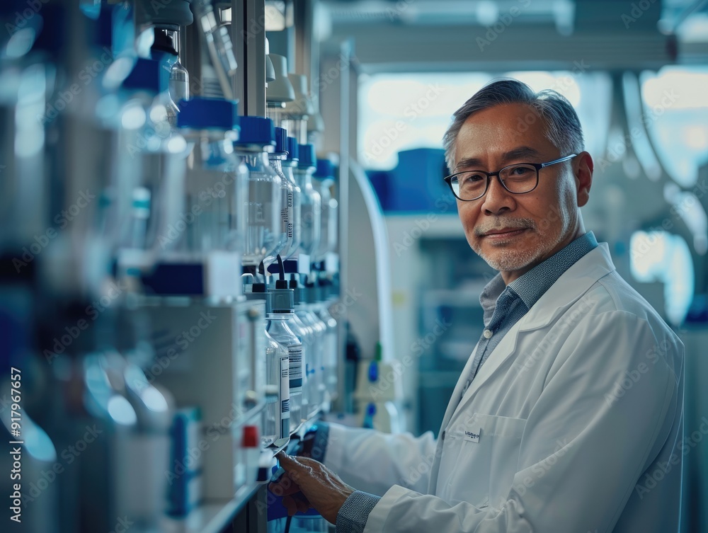 A senior scientist in a lab coat smiles confidently while working on a scientific experiment. A senior scientist in a lab coat smiles confidently while working on a scientific experiment.