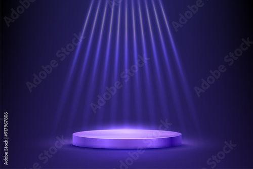 Blue violet podium for awards or product display vector illustration. Abstract empty 3d stage with glowing light rays on dark background. Luxury product presentation, glamour beauty industry design.