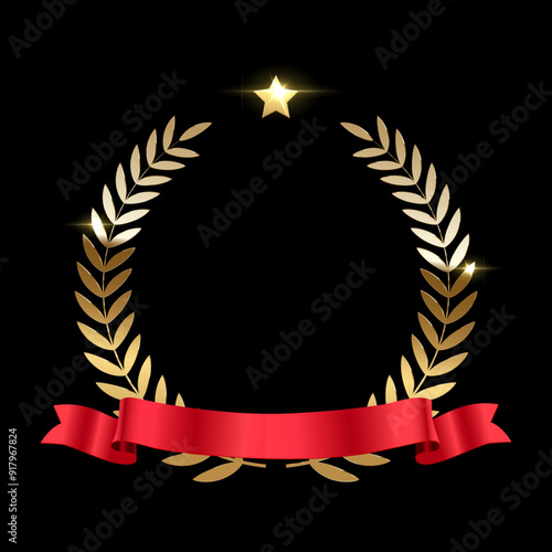 Gold laurel wreath with red ribbon, stars and place for name of winner. Award icon. Champion reward. 3d realistic luxury leadership prize for awarding ceremony, competition, championship, best player.
