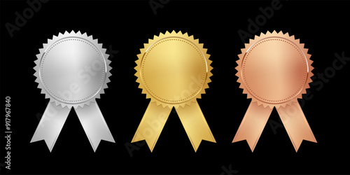 Medals for first, second, third place with ribbons. Gold, silver and bronze ranks on black background. Award nomination. Championship in sport or movie vector illustration.