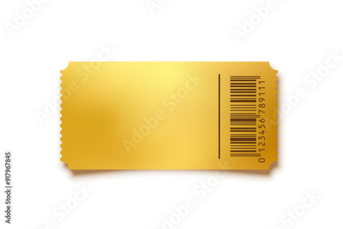 Golden ticket. Gold vector coupon, sticker or discount tag mockup isolated on white background. Cinema, theater, concert, party, event, festival invitation entrance.