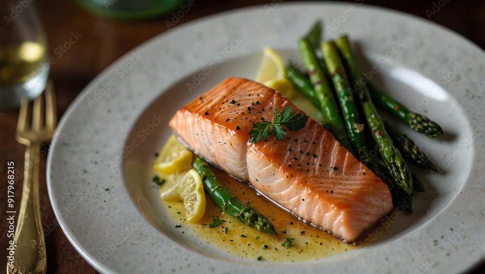 photo of a plate of fish steak with asparagus that looks delicious made by AI generative photo of a plate of fish steak with asparagus that looks delicious made by AI generative