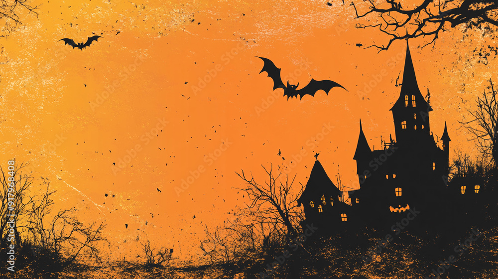 Halloween banner with black bats and branches on an orange background, copy space for text Halloween banner with black bats and branches on an orange background, copy space for text