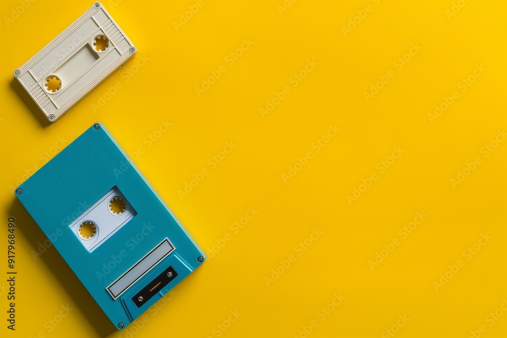Old Radio with Cassette Tapes and Glasses – Yellow Background, Art Style Old Radio with Cassette Tapes and Glasses – Yellow Background, Art Style