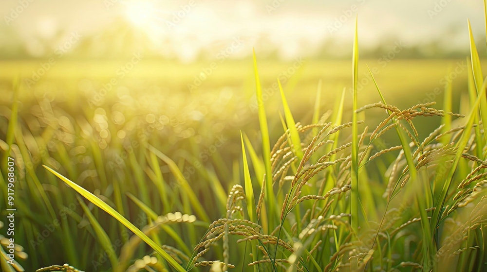 Fototapeta premium A serene rice field with golden grains swaying gently in the breeze.