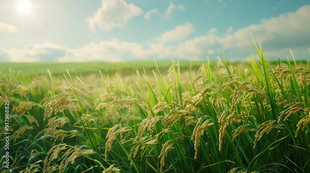 Naklejka premium A serene rice field with ripe grains and a clear sky.