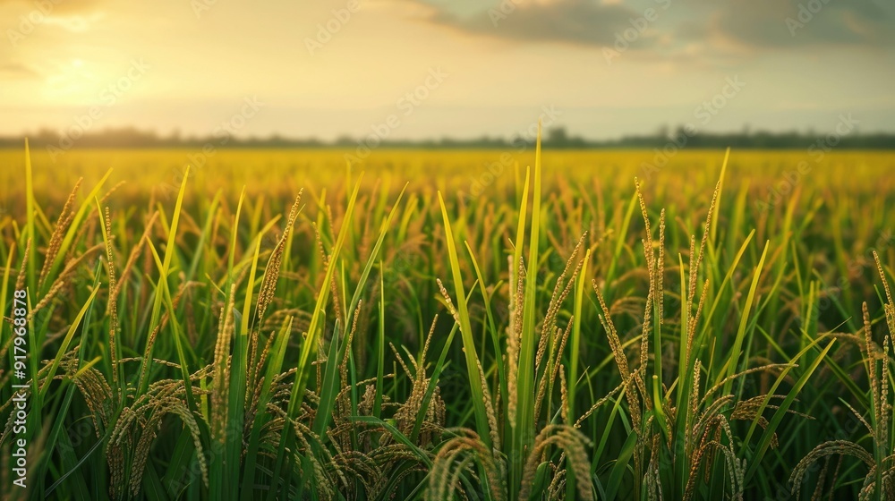 A serene rice paddy field with golden grains ready for harvest. A serene rice paddy field with golden grains ready for harvest.