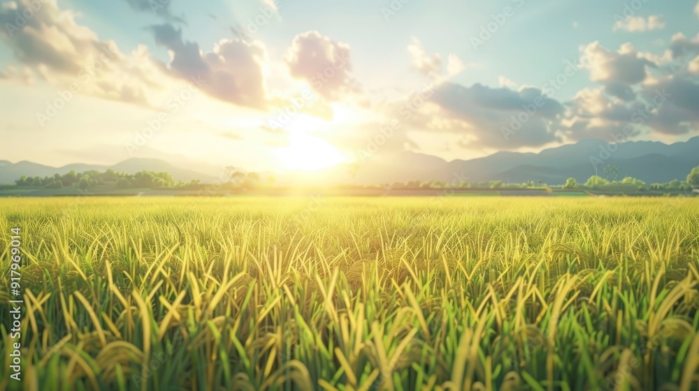 A serene rice paddy field with golden grains ready for harvest. A serene rice paddy field with golden grains ready for harvest.