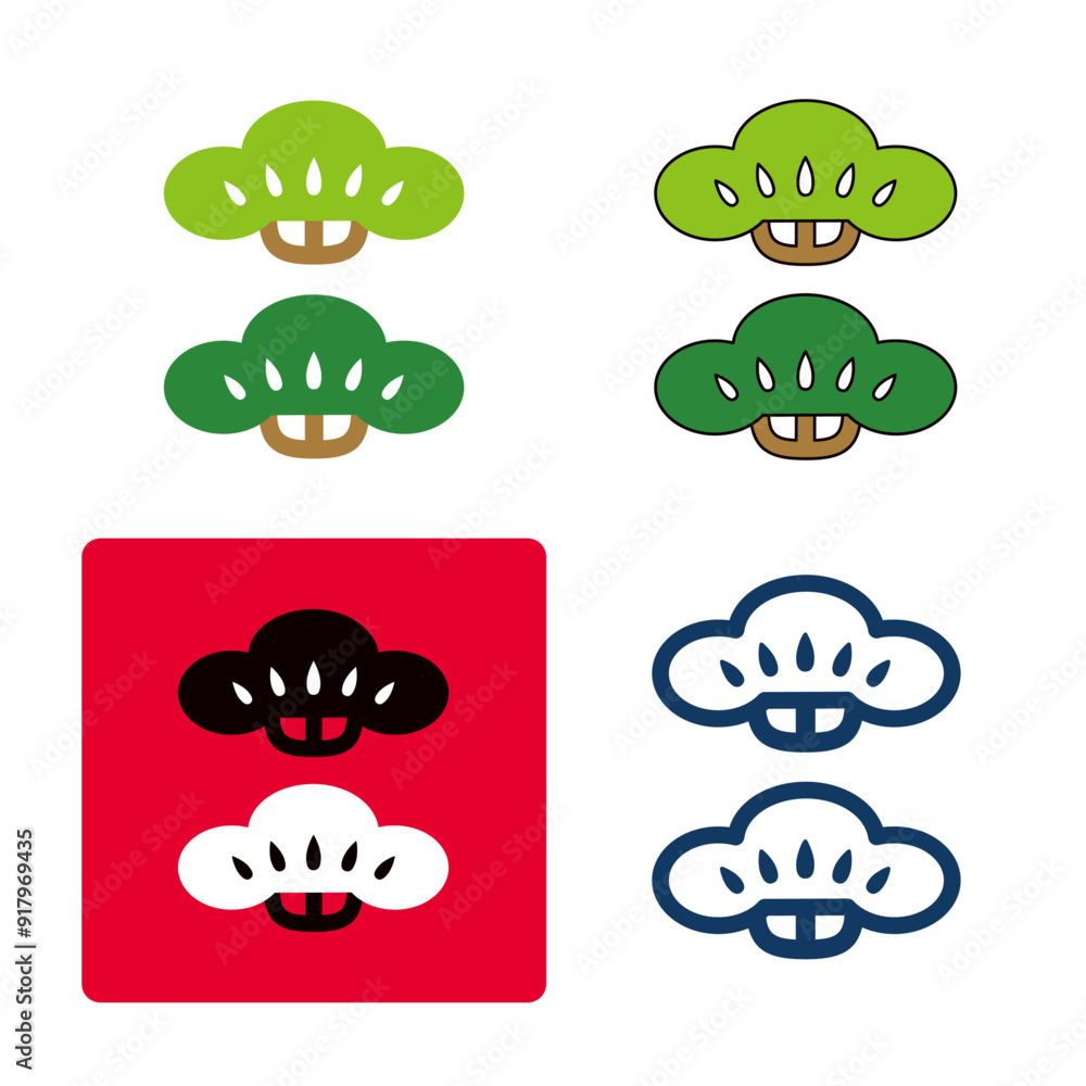 Obraz premium さまざまなタッチの、松竹梅の松のアイコンセット。和柄の松のイラストモチーフ。