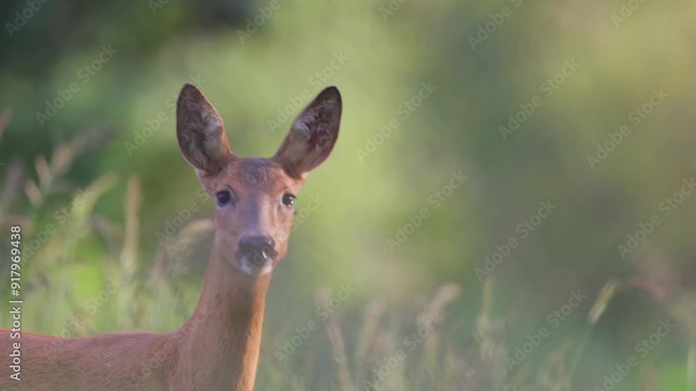 Roe deer, capreolus capreolus, forages and looks around the misty meadow in the early morning. Unconscious female wild animals with orange fur grazing on the hay field in summer. Roe deer, capreolus capreolus, forages and looks around the misty meadow in the early morning. Unconscious female wild animals with orange fur grazing on the hay field in summer.