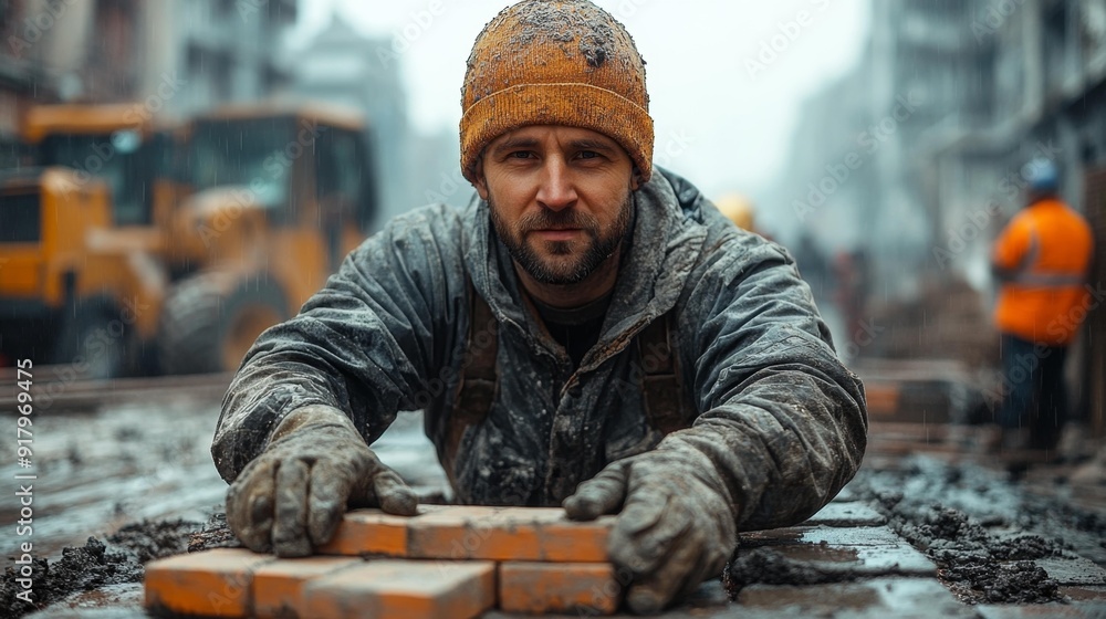 Construction worker laying bricks in the rain - generative ai Construction worker laying bricks in the rain - generative ai