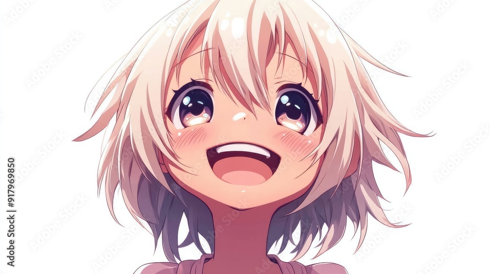 Adorable anime character showing happiness with a big smile and sparkling eyes, isolated on a white background Adorable anime character showing happiness with a big smile and sparkling eyes, isolated on a white background