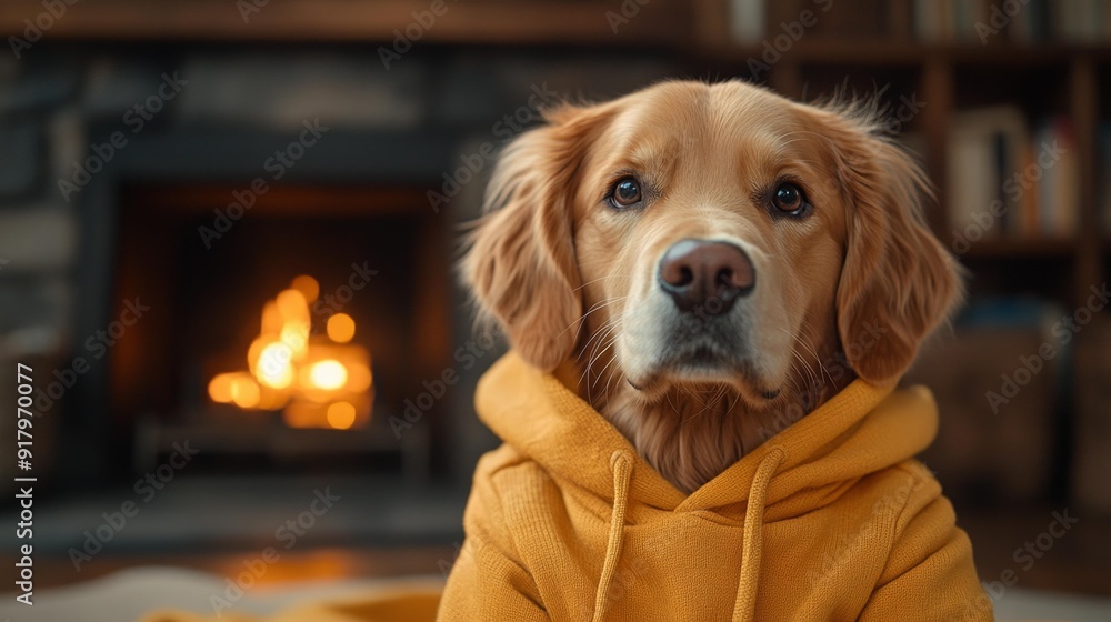 Golden retriever in cozy sweater by the fireplace - generative ai Golden retriever in cozy sweater by the fireplace - generative ai