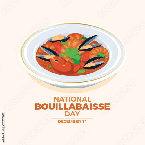 National Bouillabaisse Day poster vector illustration. Plate of bouillabaisse fish soup icon vector. French seafood soup with mussels, shrimp and fish drawing. December 14. Important day