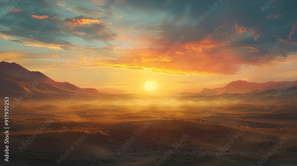 Fototapeta premium A serene sunrise over a desert landscape with the sky filled with warm colors.
