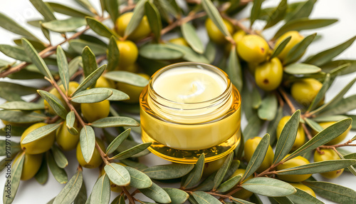 Elegant jar of olive oilbased cosmetic cream surrounded by green olive branches isolated with white highlights, png photo