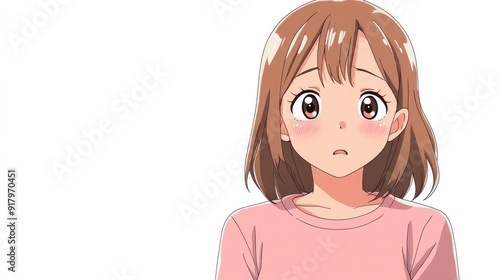 Adorable anime character showing shyness with a blushing face and downcast eyes, isolated on a white background