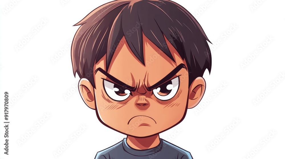 Cartoon anime character feeling angry with furrowed brows and a pout, isolated on a clean white background Cartoon anime character feeling angry with furrowed brows and a pout, isolated on a clean white background