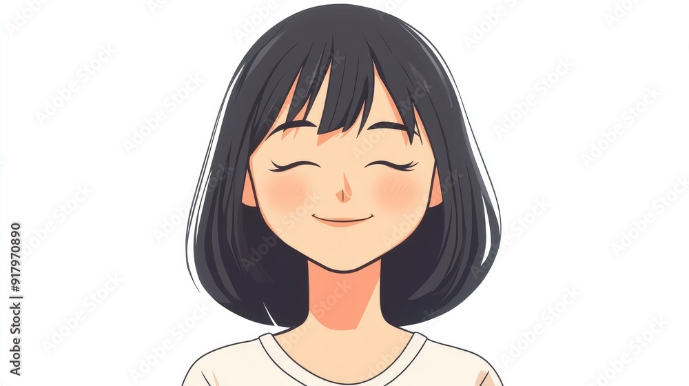 Cartoon anime character feeling content with closed eyes and a peaceful smile, isolated on a clean white background Cartoon anime character feeling content with closed eyes and a peaceful smile, isolated on a clean white background