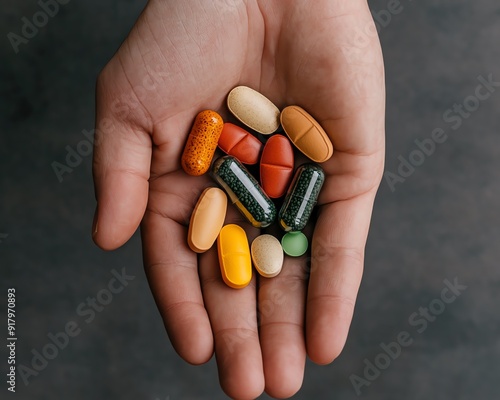 Person preparing to take energy supplements with a full day s plan laid out, supplement, sustained vitality boost photo