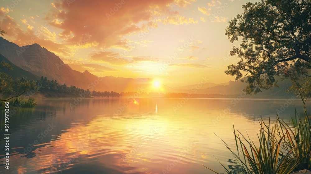 Obraz premium A serene sunrise over a tranquil, mountain lake, with the sun rising over the water, casting a warm glow over the surrounding landscape