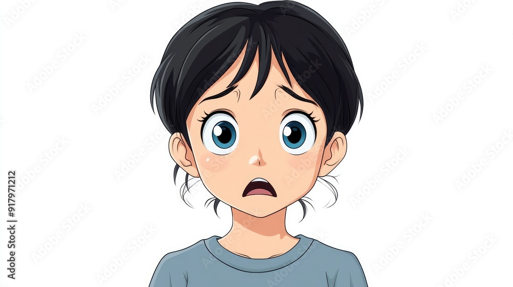 Cartoon anime character feeling fear with wide eyes and a trembling expression, isolated on a clean white background Cartoon anime character feeling fear with wide eyes and a trembling expression, isolated on a clean white background