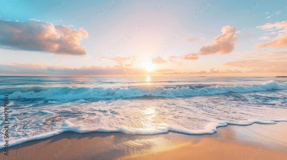 A serene sunrise over a tranquil beach, with the sun rising over the horizon, casting a warm glow over the sand and the gentle waves A serene sunrise over a tranquil beach, with the sun rising over the horizon, casting a warm glow over the sand and the gentle waves
