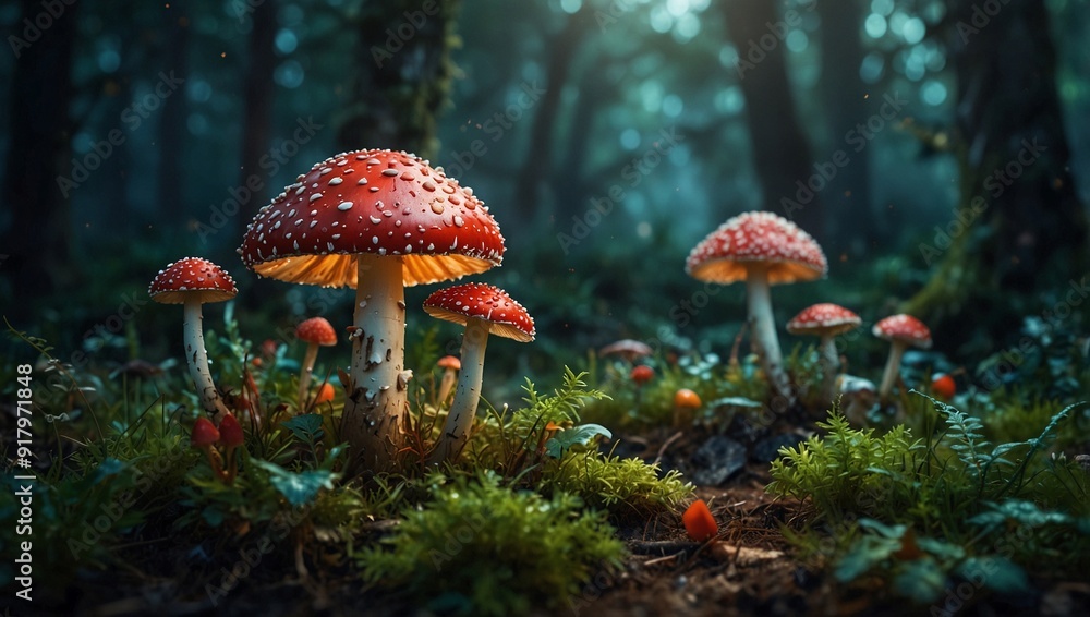 Fototapeta premium photo of a bunch of red mushrooms with a forest background in the morning made by AI generative