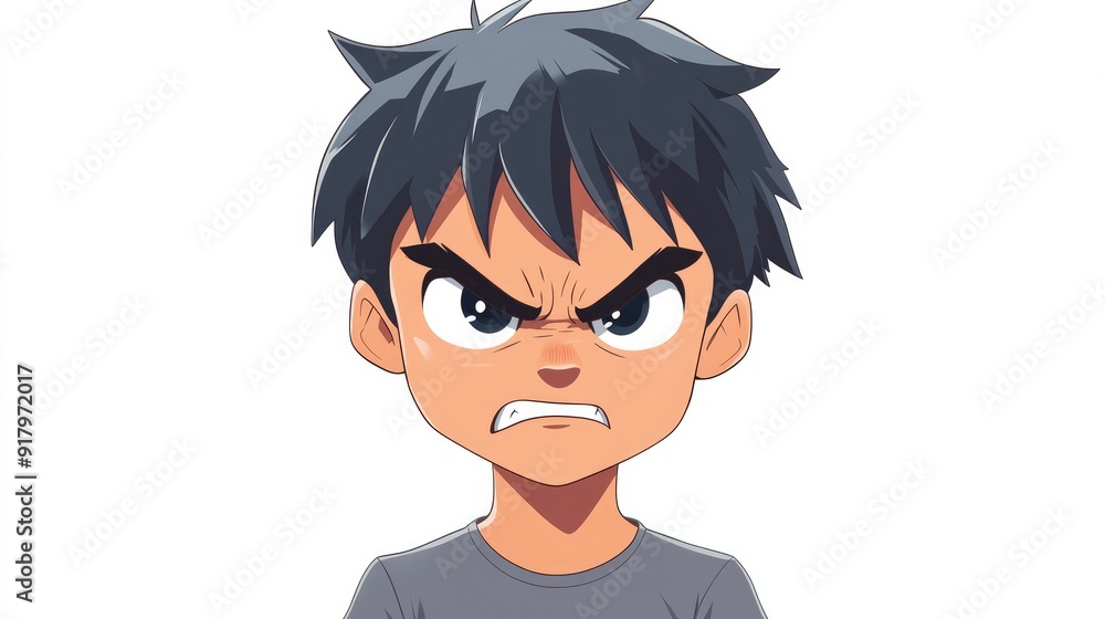 Cute anime character expressing anger with a furrowed brow and a frowning mouth, isolated on a clean white background Cute anime character expressing anger with a furrowed brow and a frowning mouth, isolated on a clean white background