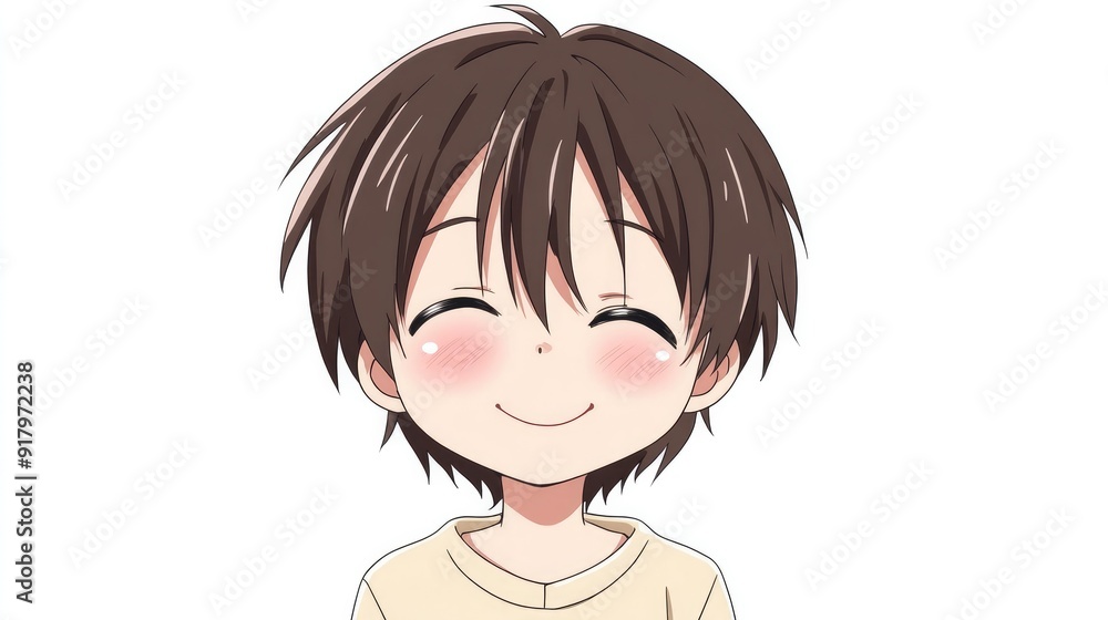 Cute anime character expressing embarrassment with a shy smile and blushing cheeks, isolated on a clean white background Cute anime character expressing embarrassment with a shy smile and blushing cheeks, isolated on a clean white background