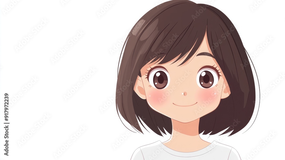 Cute anime character expressing embarrassment with a shy smile and blushing cheeks, isolated on a clean white background Cute anime character expressing embarrassment with a shy smile and blushing cheeks, isolated on a clean white background