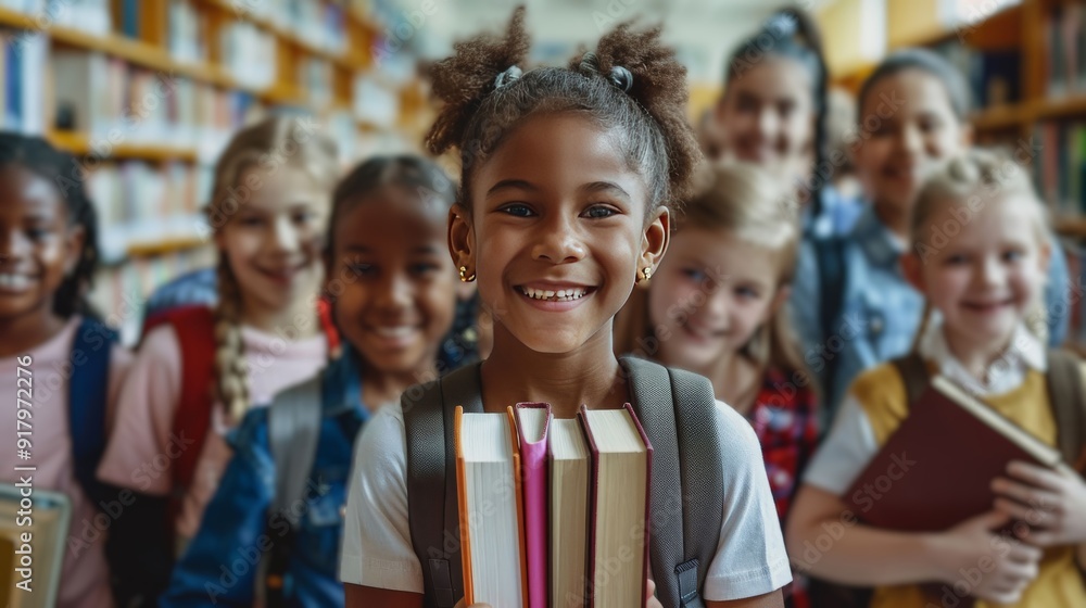 A group of cheerful multiethnic children with books and backpacks smiles at the camera in the school library. A group of cheerful multiethnic children with books and backpacks smiles at the camera in the school library.