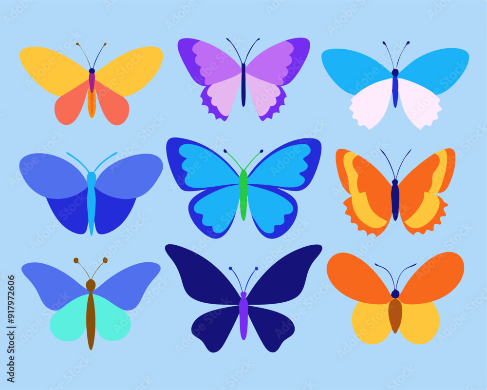 A collection of 9 colorful butterfly illustrations in various styles and colors, nature-themed projects, or anything that needs a touch of beauty. A collection of 9 colorful butterfly illustrations in various styles and colors, nature-themed projects, or anything that needs a touch of beauty.