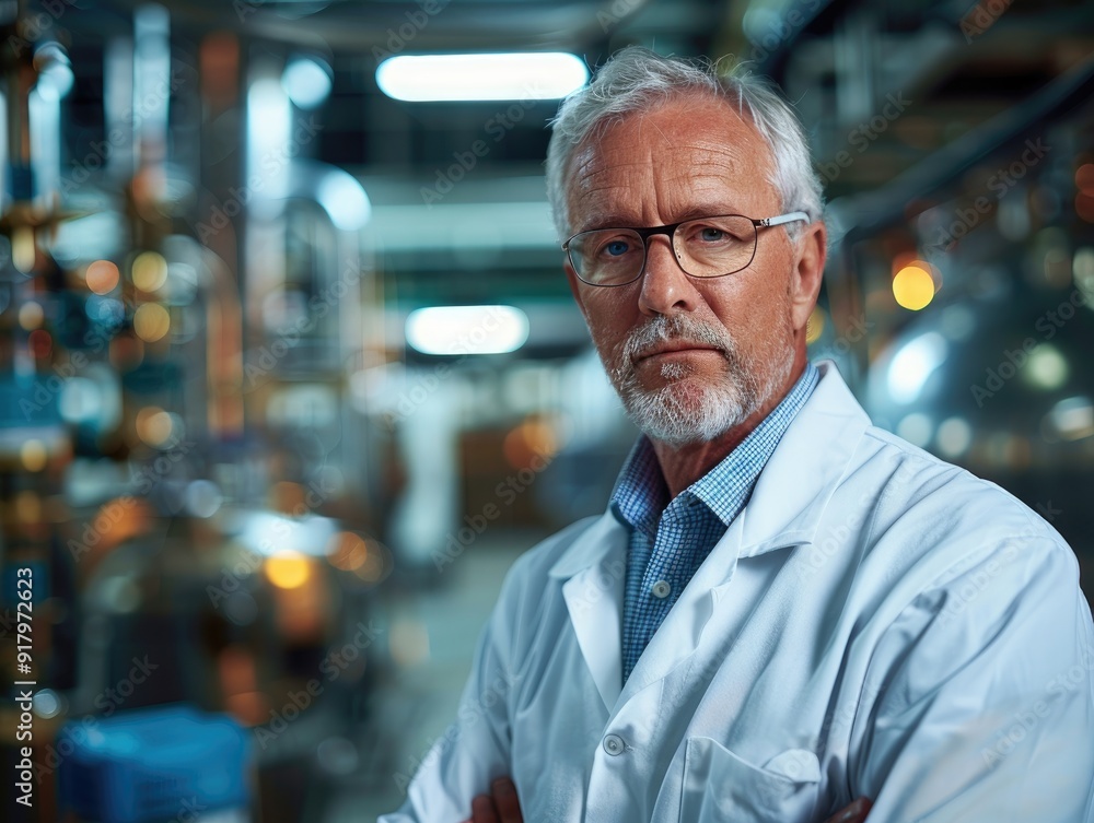A serious-looking senior scientist with a white lab coat stands in a factory setting with a determined expression. A serious-looking senior scientist with a white lab coat stands in a factory setting with a determined expression.