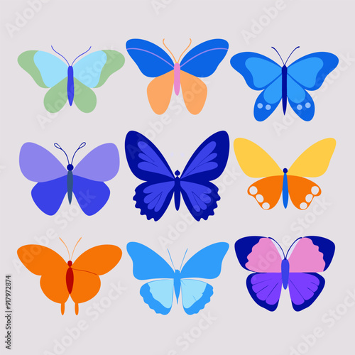 A collection of nine vibrant butterfly illustrations, showcasing various colors and patterns. Perfect for adding a touch of whimsy and beauty to your designs, textiles, and other creative projects.