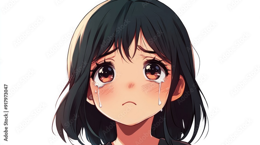 Cute anime character expressing sadness with tear-filled eyes and a trembling lip, isolated on a white background Cute anime character expressing sadness with tear-filled eyes and a trembling lip, isolated on a white background