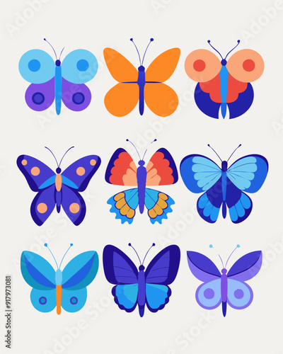 Collection of nine colorful butterflies with different patterns and colors. These whimsical illustrations are perfect for adding a touch of nature to your designs.