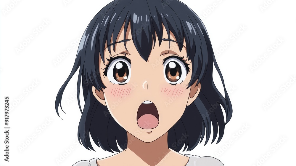 Cute anime character expressing surprise with a gasping mouth and wide eyes, isolated on a white background Cute anime character expressing surprise with a gasping mouth and wide eyes, isolated on a white background
