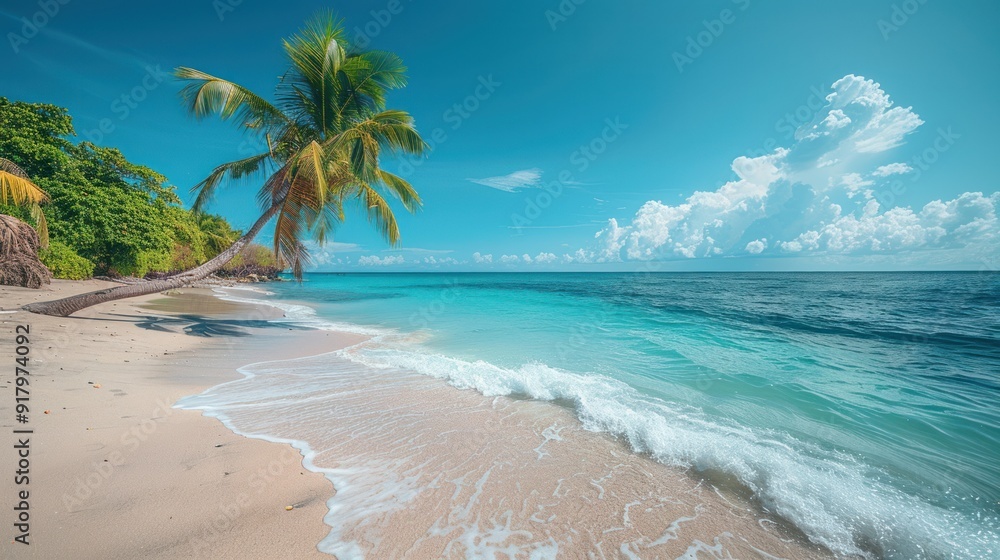 idyllic tropical beach with white sand and palm tree idyllic tropical beach with white sand and palm tree