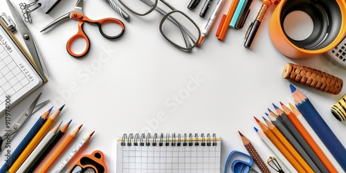 A collection of pencils scissors and pens are on a table3
 photo