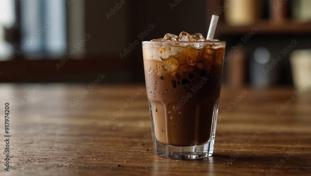 Focus photo of a glass of delicious iced coffee on a cafe table made by AI generative Focus photo of a glass of delicious iced coffee on a cafe table made by AI generative
