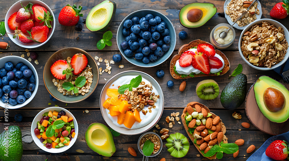 healthy food table top view featuring avocado toast, fresh fruits like strawberries and blueberries, bowls of yogurt with granola and nuts, directly above view, all arranged on a rustic wooden table. healthy food table top view featuring avocado toast, fresh fruits like strawberries and blueberries, bowls of yogurt with granola and nuts, directly above view, all arranged on a rustic wooden table.
