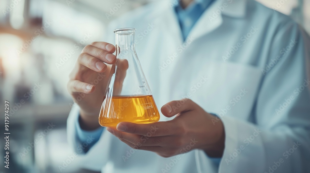Chemist Holding Flask with Yellow Liquid in Laboratory Setting Chemist Holding Flask with Yellow Liquid in Laboratory Setting