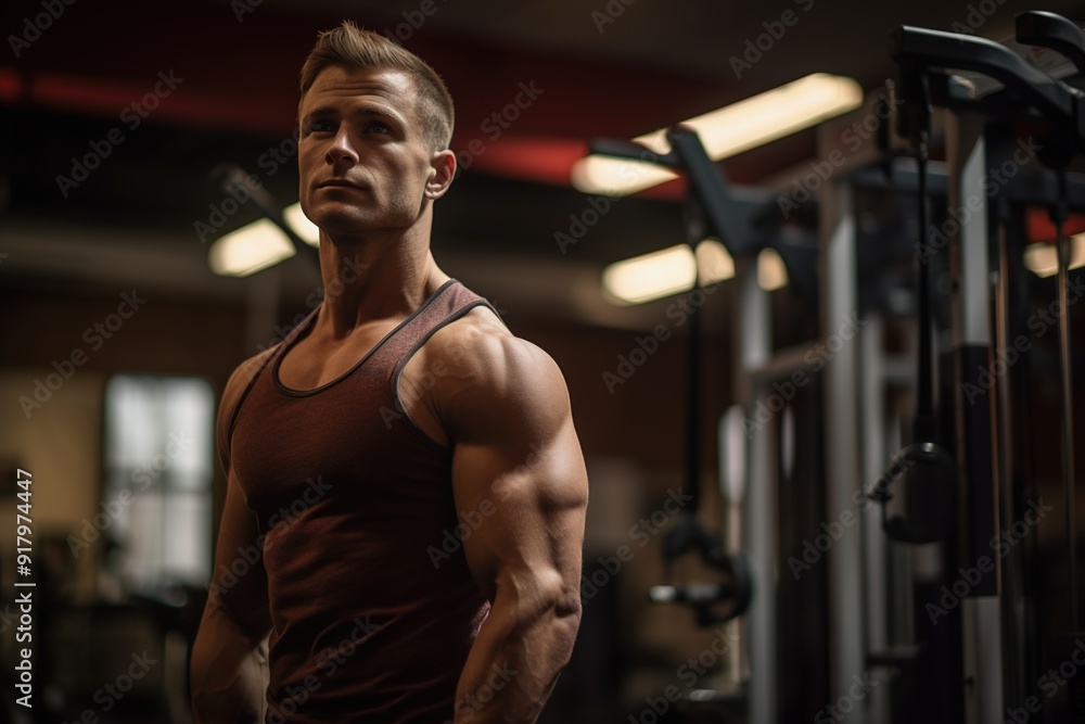 Naklejka premium A man with a muscular build stands in front of a gym equipment
