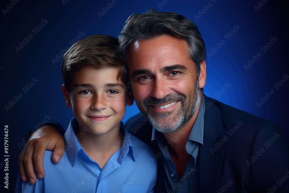 A man and a boy are posing for a picture A man and a boy are posing for a picture