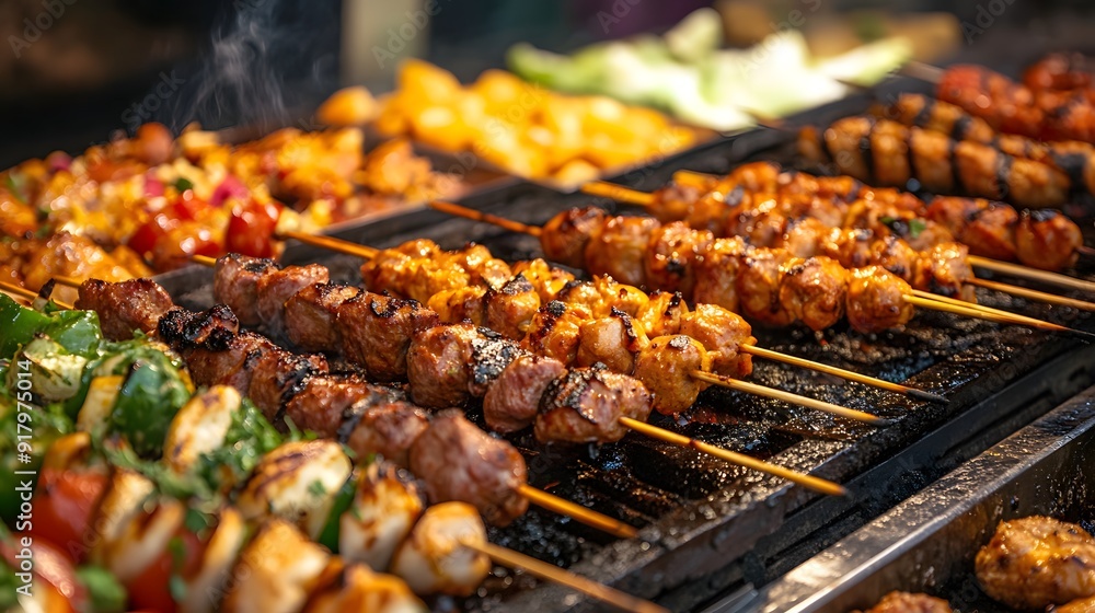 A variety of meat and vegetable kebabs being grilled on an outdoor grill, with other dishes in the background. This is a commercial photo taken in soft light with a light style of photography A variety of meat and vegetable kebabs being grilled on an outdoor grill, with other dishes in the background. This is a commercial photo taken in soft light with a light style of photography