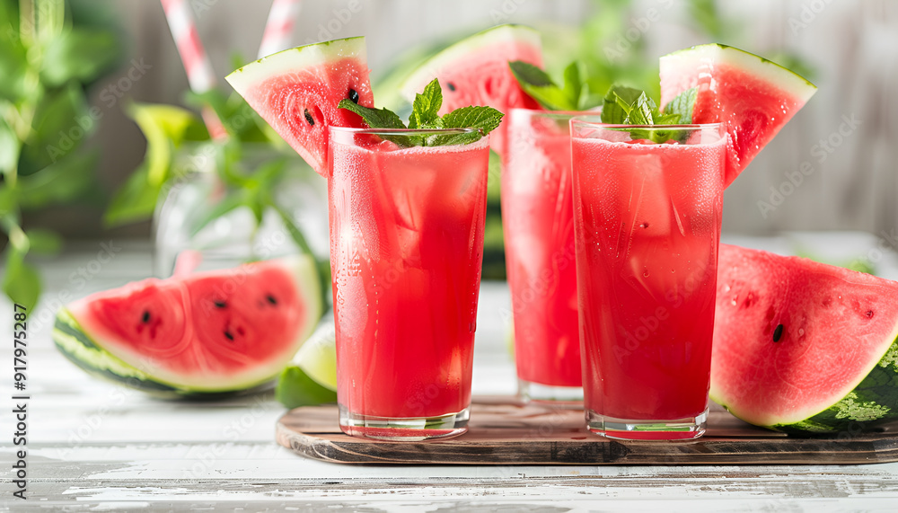 Watermelon drink in glasses with slices of watermelon Watermelon drink in glasses with slices of watermelon