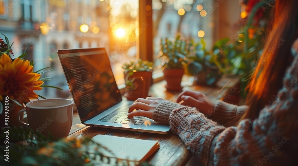 Sunset coding session in a cozy cafe - generative ai Sunset coding session in a cozy cafe - generative ai