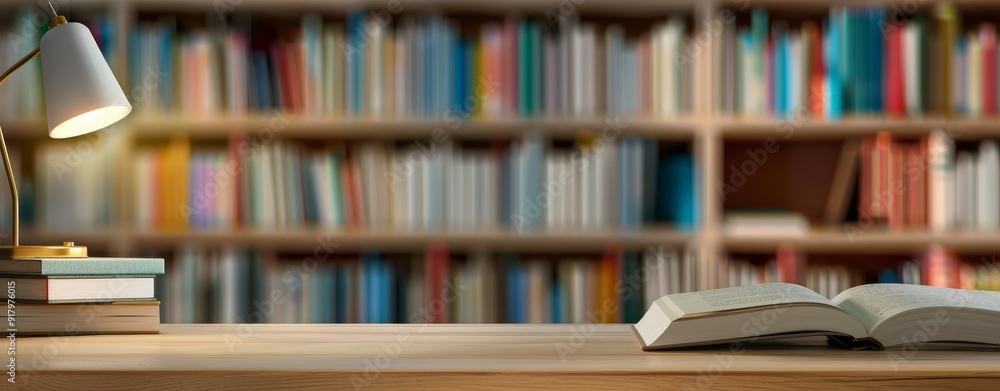 Desk with Books and Lamp – Minimalist Background with Blurred Bookshelves Desk with Books and Lamp – Minimalist Background with Blurred Bookshelves